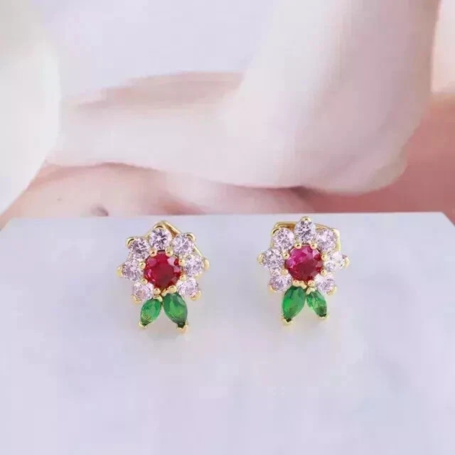 Round Cut Lab Created Red Ruby Women Flower Stud Earring 14K Yellow Gold Plated
