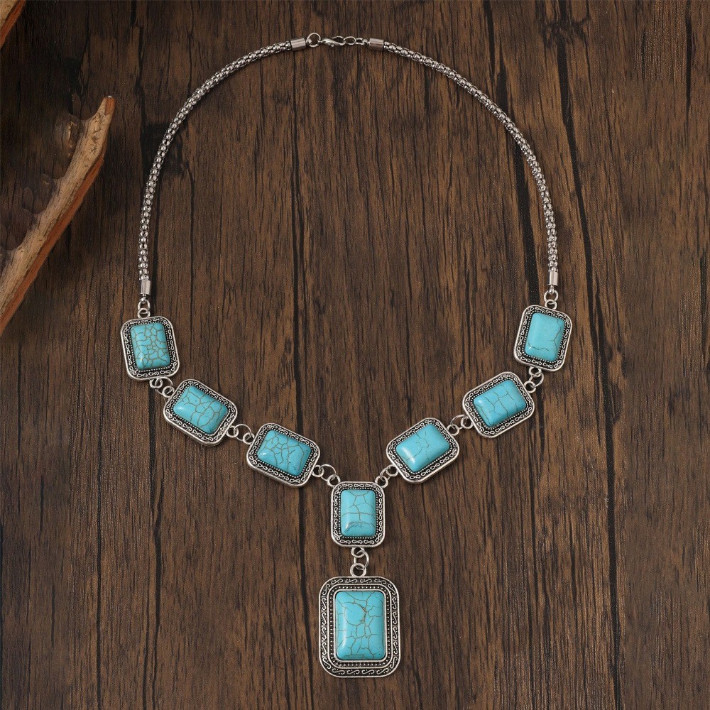 Boho Western Jewelry Turquoise Set Women Boho Pendant Necklace Earrings Bracelet