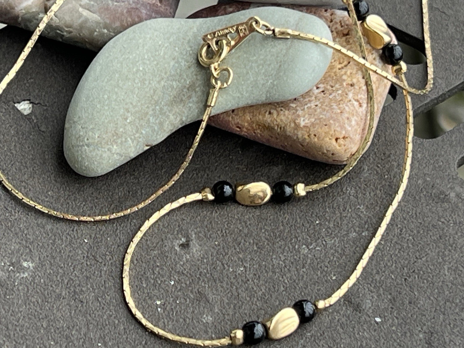 Vintage Amway Italy Gold Tone Snake Chain Necklace Black Bead Minimalist 18”