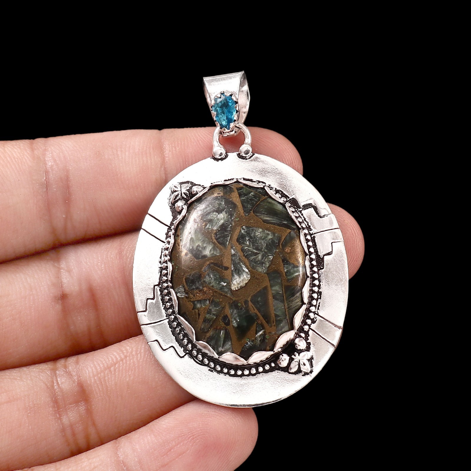 Copper Seraphinite & Blue Topaz Pendant 925 Sterling Silver Handmade Necklace