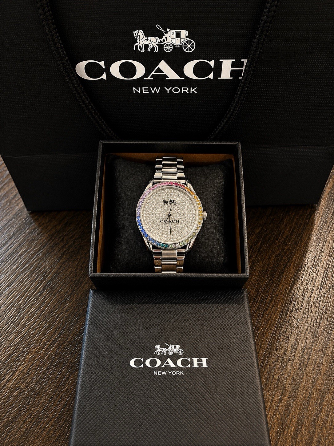 Coach Rainbow Crystal Bezel Silver Pavé Dial Quartz 36mm 30m w/ Box