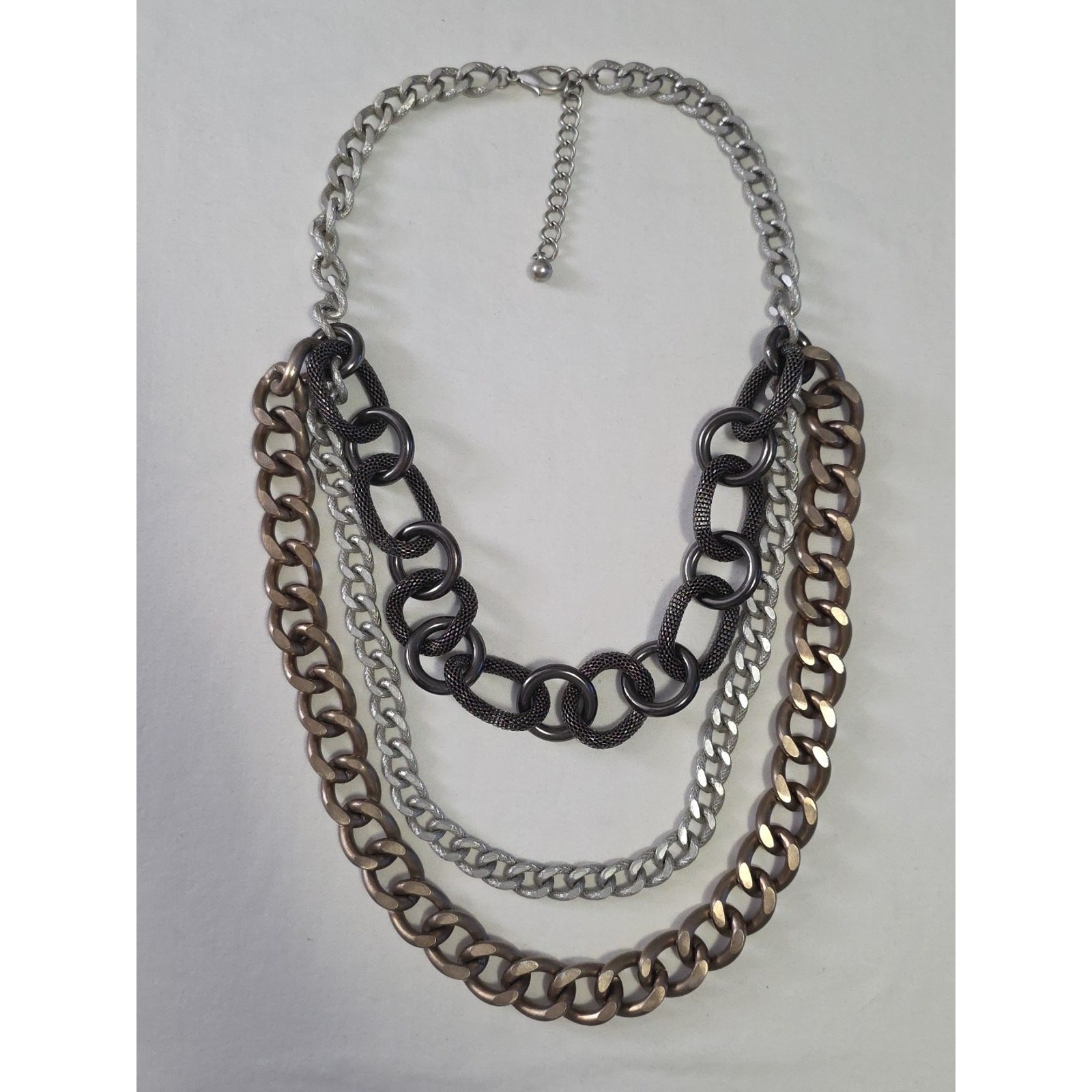 Chunky Large Long Statement Necklace Mixed Metals Layered Chains Textured Heavy