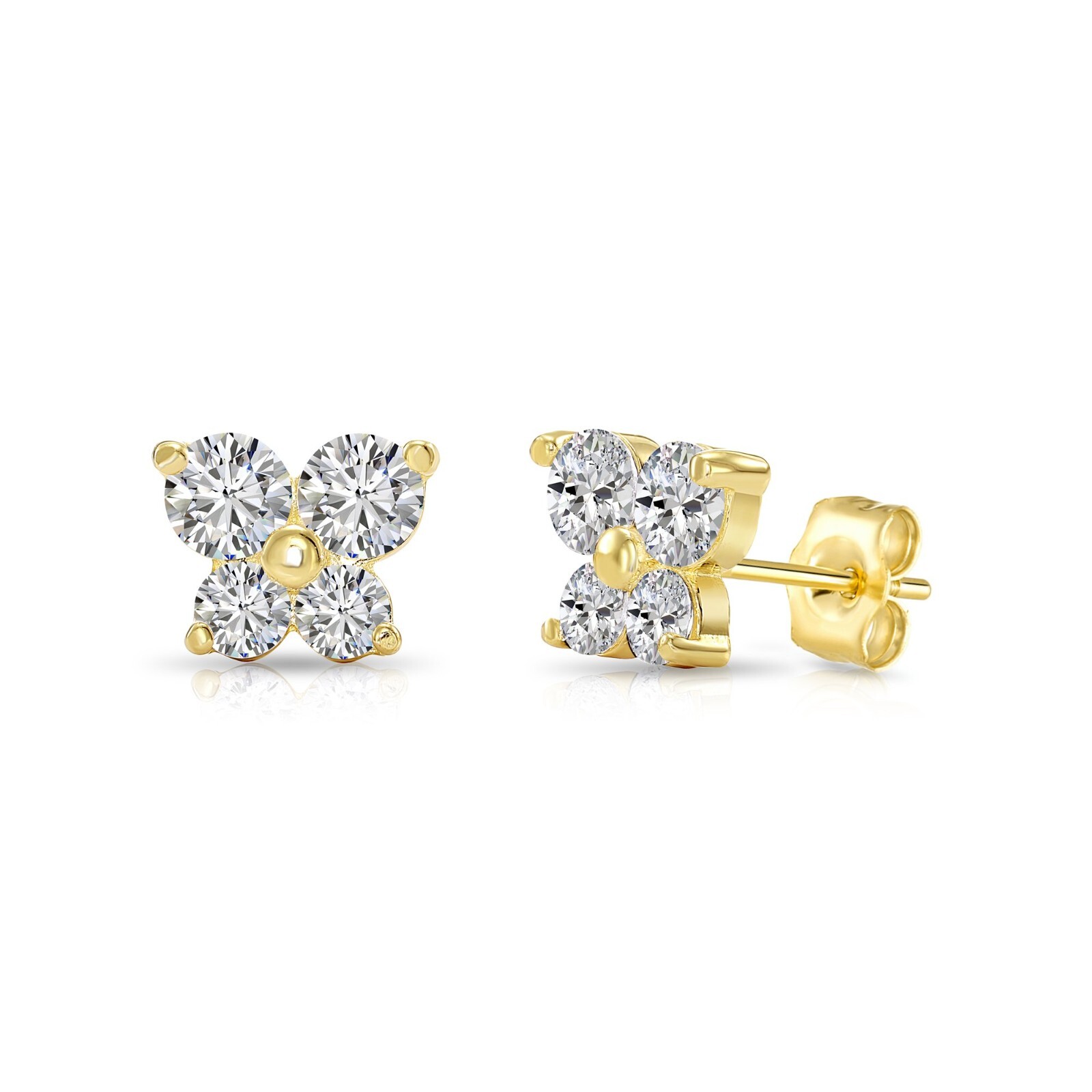 14K Real Solid Gold Dainty Butterfly CZ Sleeper Stud Post Earrings Push-back