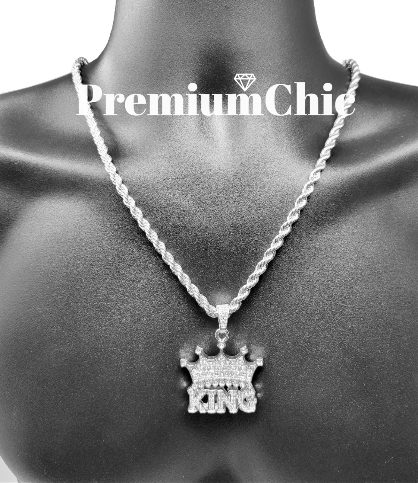 ICED Crowned King Pendant Necklace Choker with Rope Chain Mens Plated CZ Jewelry