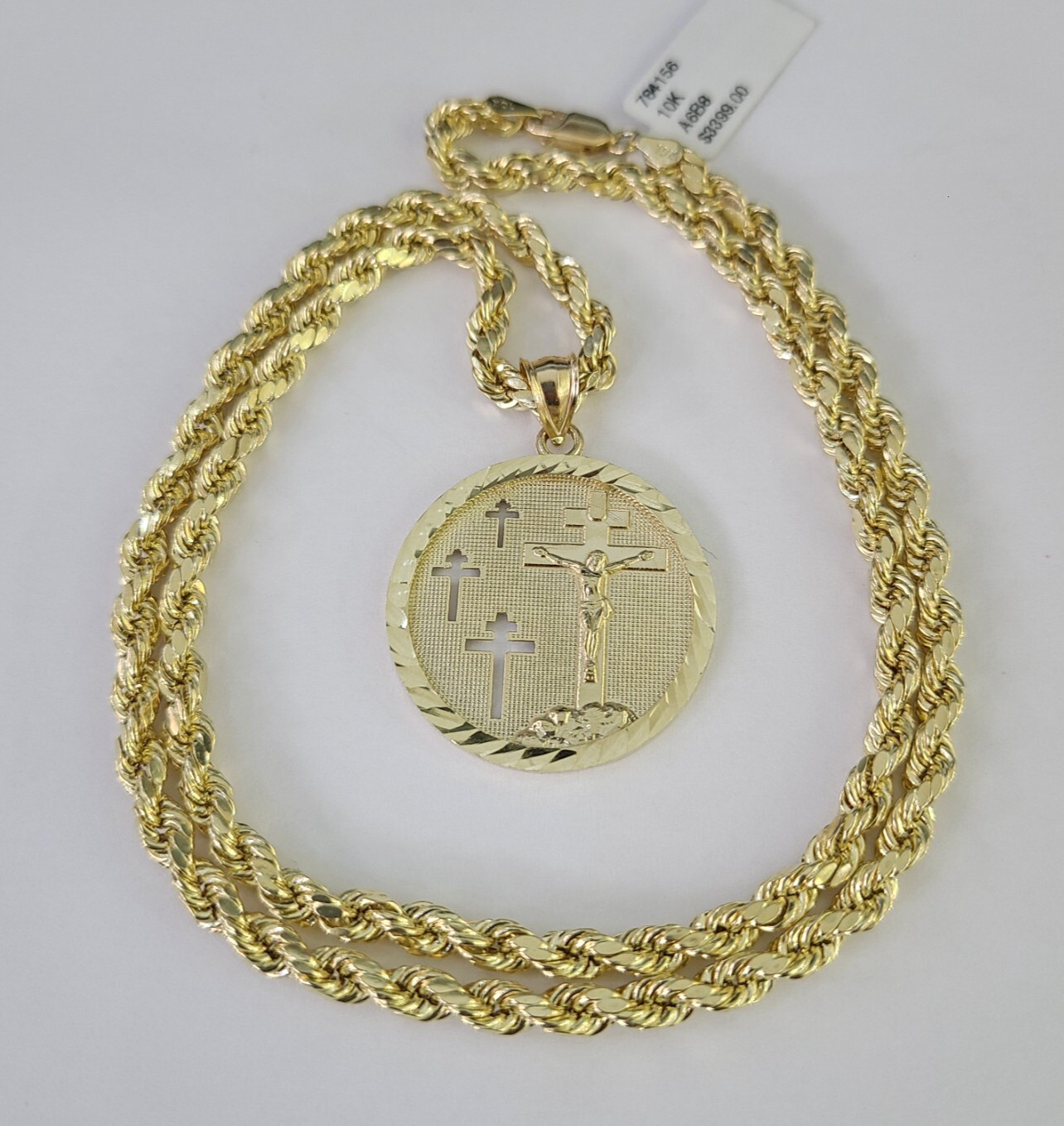 REAL 10k Jesus Medallion Cross Charm Rope Chain Pendant 4mm Necklace Set 18″-28″
