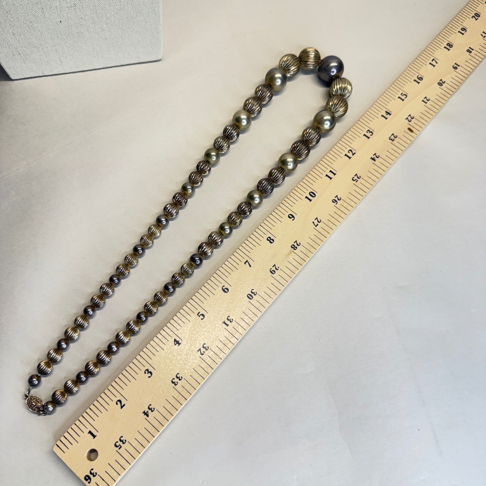 Sterling Silver Bead Necklace 108 Grams Graduated Ribbed Filigree Clasp