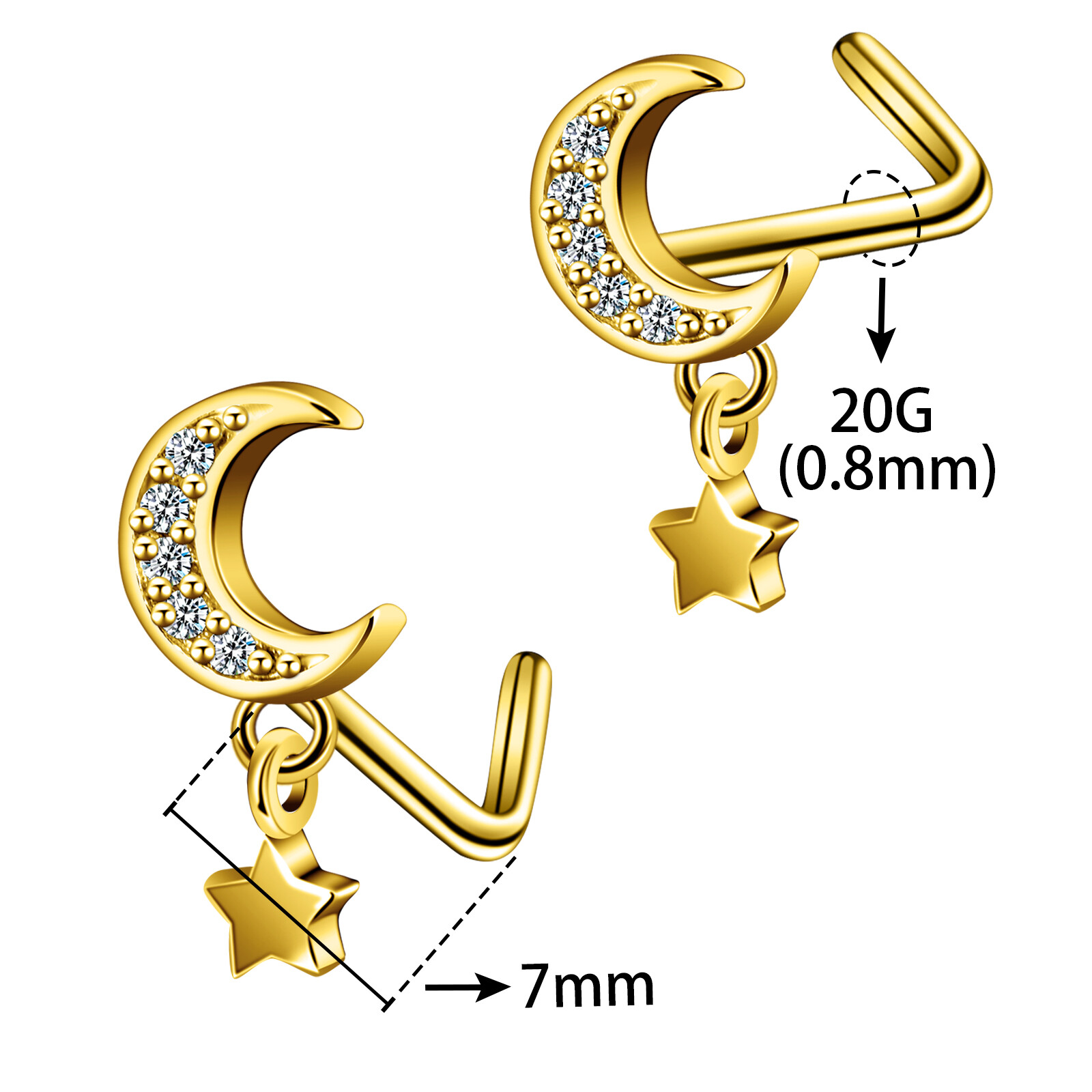 9 Pcs CZ L Bend Screw Bone Nose Studs Surgical Steel Pin Nose Ring 20G Piercing