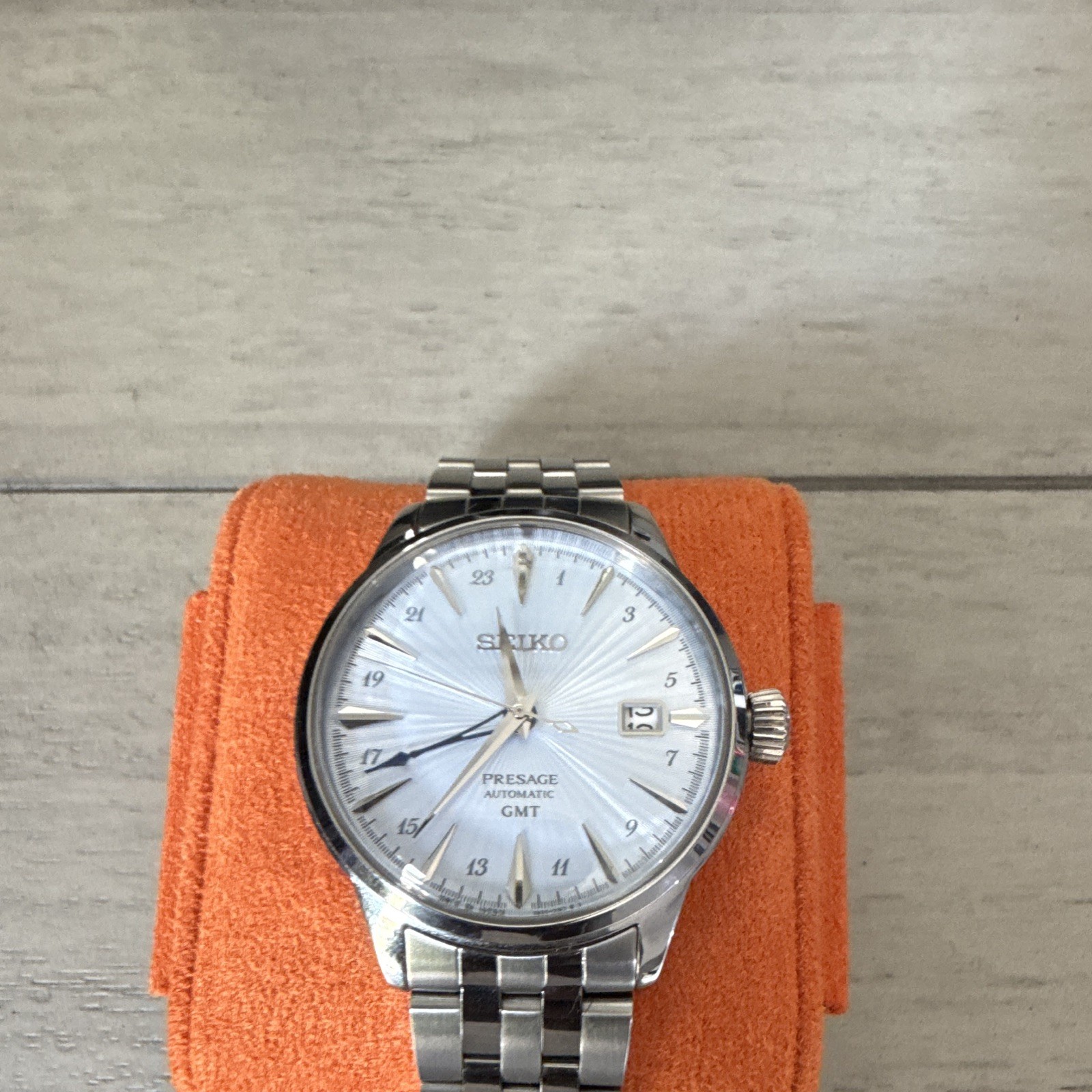 Seiko Presage Automatic GMT Silver Sunburst Dial SS Bracelet Date WR