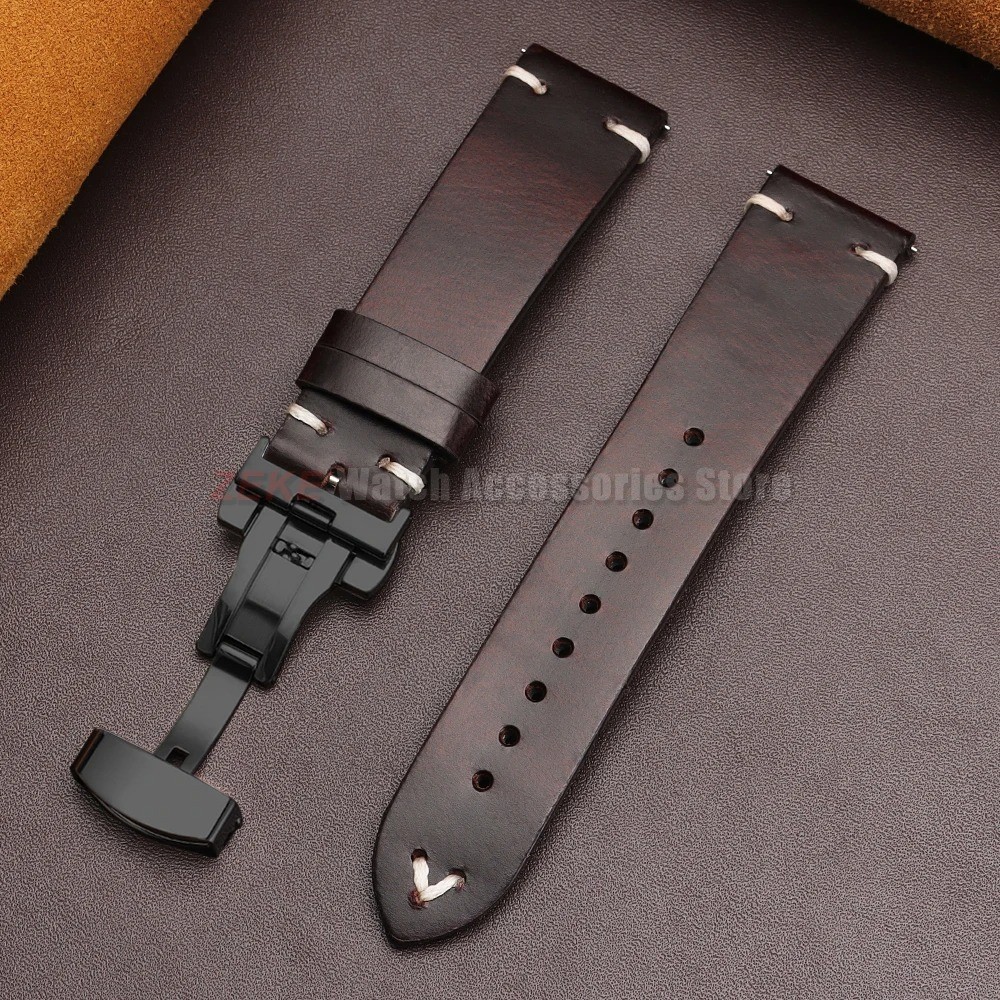 Genuine Leather Butterfly Buckle Watch Bands 18/20/22mm Waterproof Retro Oil Wax