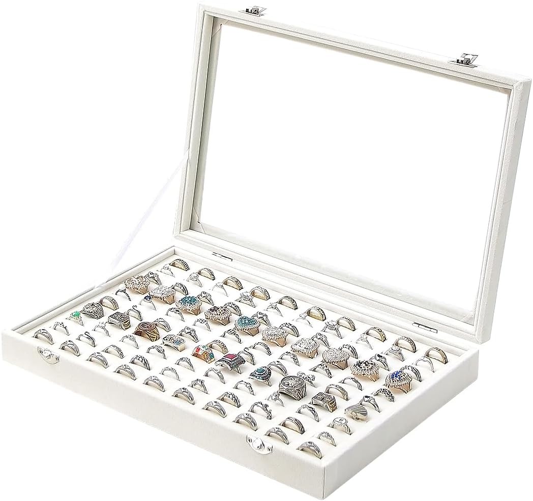 Ring Display Box 100 Slots with Glass Top Lid, Black Jewelry Storage Case