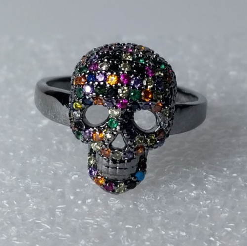 Gothic Skeleton Skull Ring Multi-Color Crystal Black Gunmetal Tone Finish Size 7