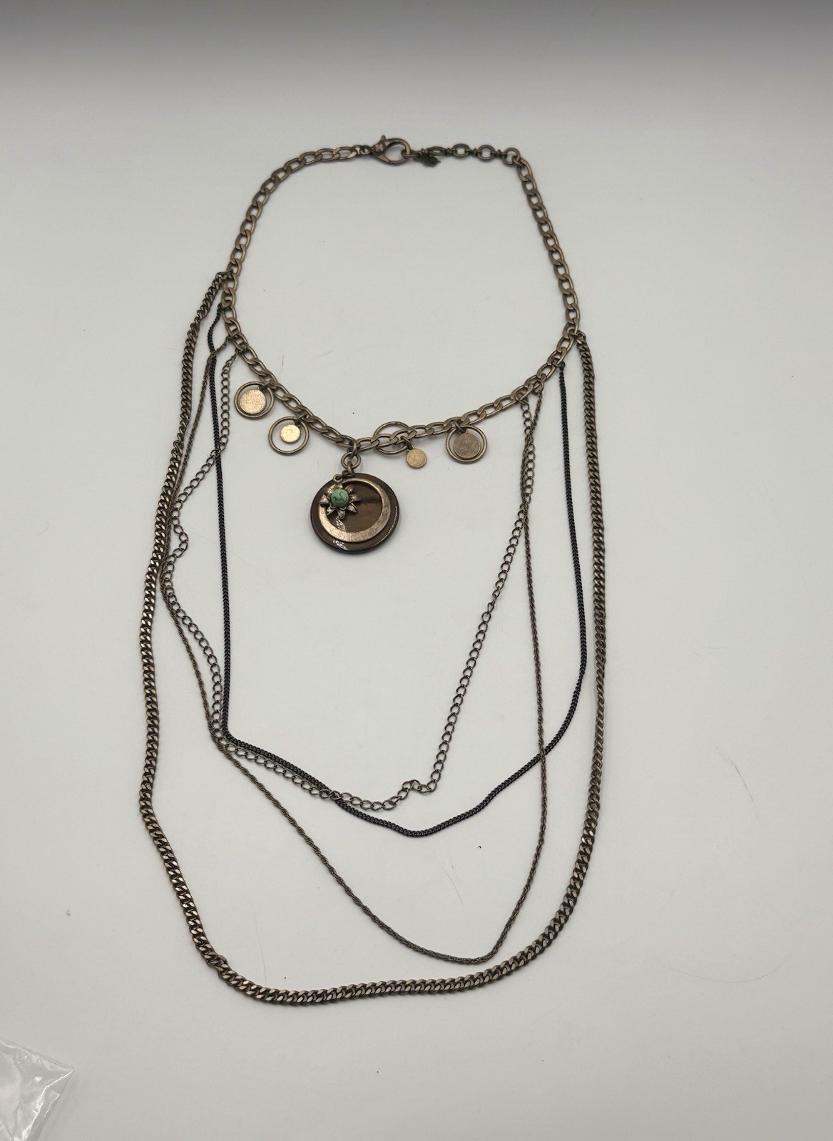 Lucky Brand Layered Boho Coin Charm Statement Necklace Bronze Turquoise Tone