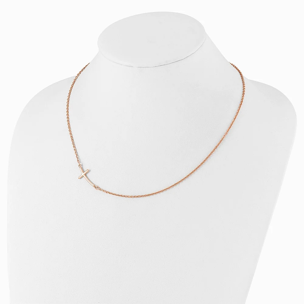 Sterling Silver Rose Gold-Plated Large Off-Set Sideways Curved Cross Necklace