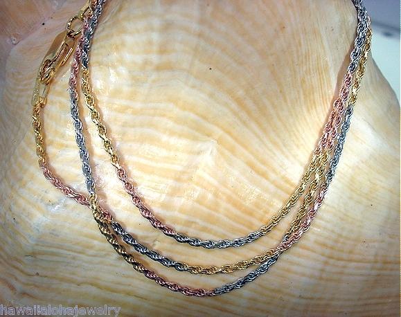 1.3MM ITALIAN 14K TRICOLOR GOLD-PLATED 925 STERLING SILVER DC ROPE CHAIN 16″