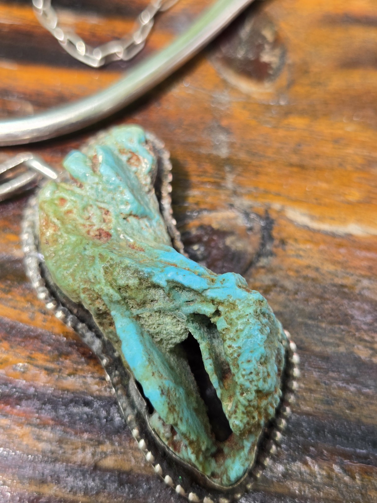 Handcrafted Silver Turquoise Freeform Bezel Pendant Necklace Cable Chain