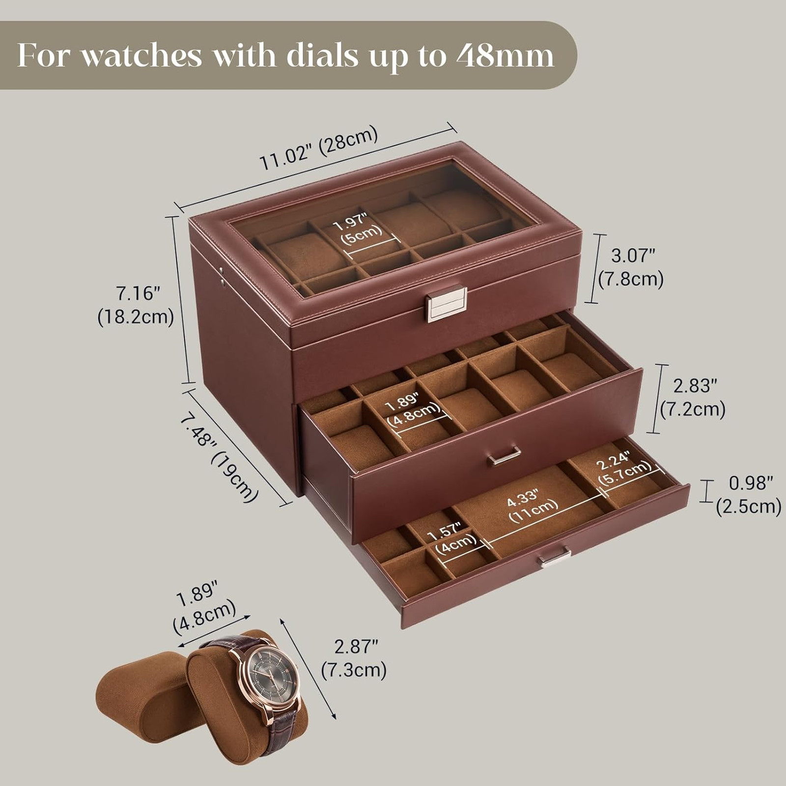 3 Layer Watch Storage Box with Glass Lid for Men 20 Slot Brown PU Velvet