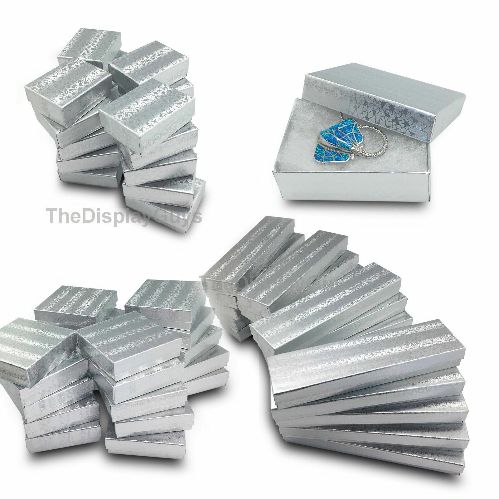 BULK Cardboard Jewelry Gift Boxes w/ Cotton Fill Padding – Silver Foil 11 Sizes
