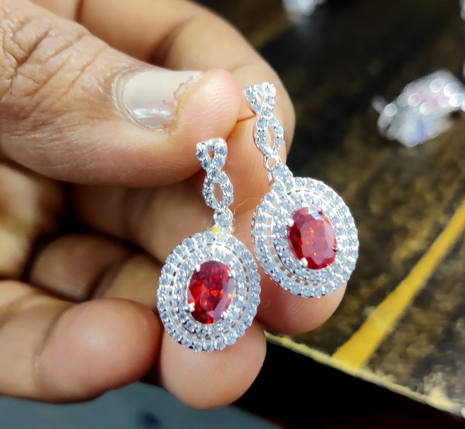 2Ct Oval Lab Created Garnet Halo Drop & Dangle Earrings 14k White Gold Plated