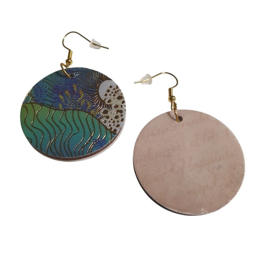 Handcrafted Round Dangle Earrings Blue Green Gold Wave Dangle Hook Boho Gift