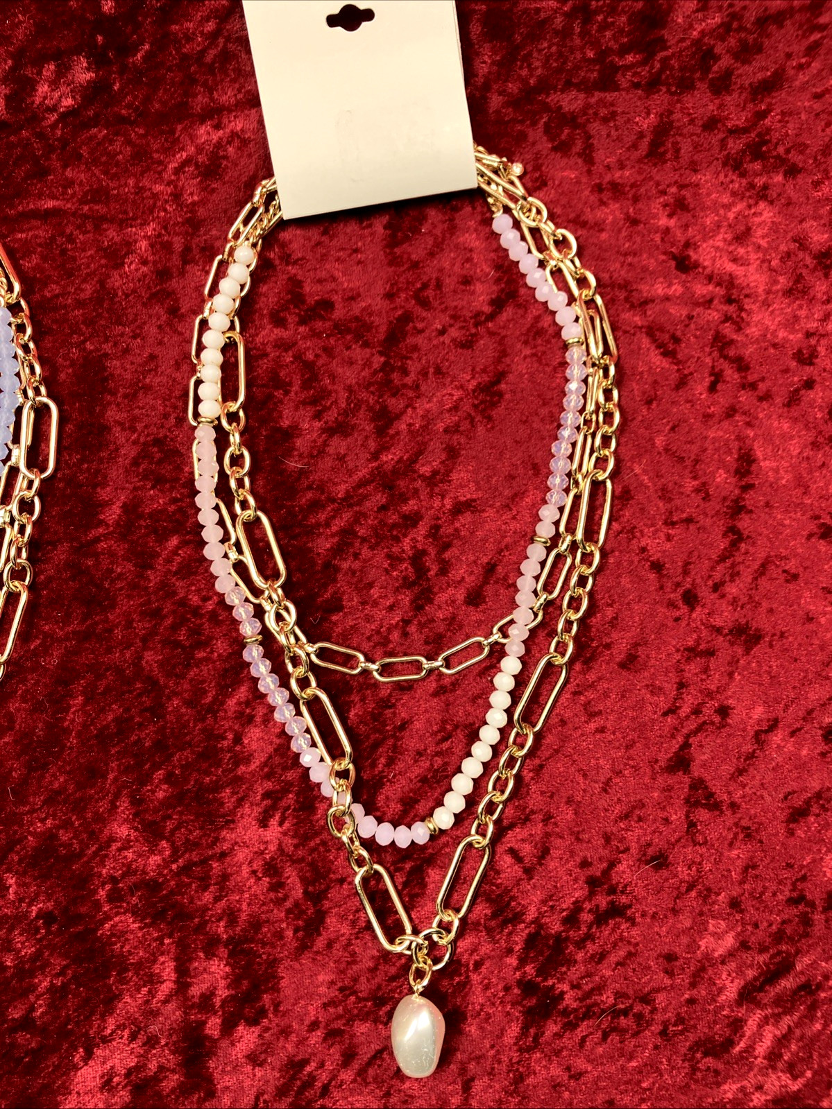 On 34th Gold Tone Stone Beaded 3 Row Necklace Pink Or Blue NWT RP $49.50