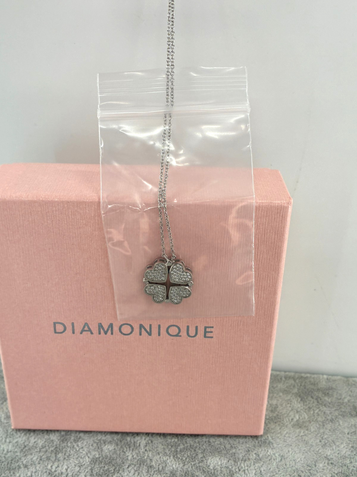 Diamonique Four Heart Clover Leaf Pave Convertible Pendant Necklace Sterling 925