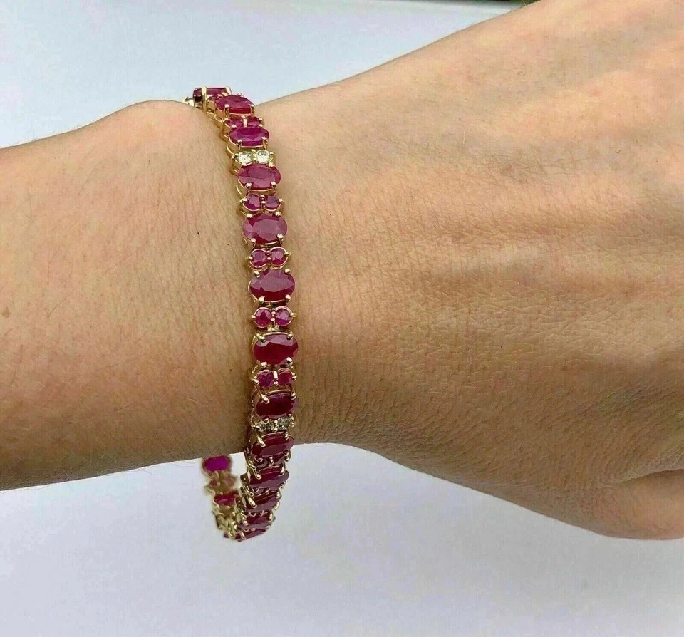11.00Ct Oval Cut Natural Red Ruby & Diamond Tennis Bracelet 14K Yellow Gold 7″
