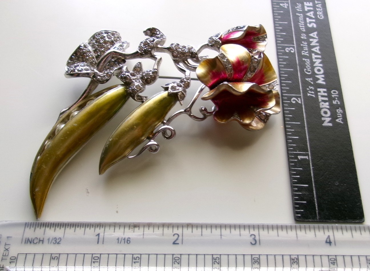 Early Signed Marcel Boucher Sweet Pea w Pods Brooch Enamel Rhodium Rhinestones