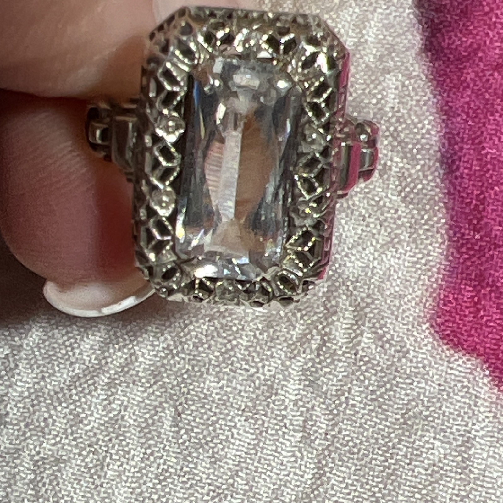 Antique Sterling Ring Clear Rectangle Stone Prong Set Size 5