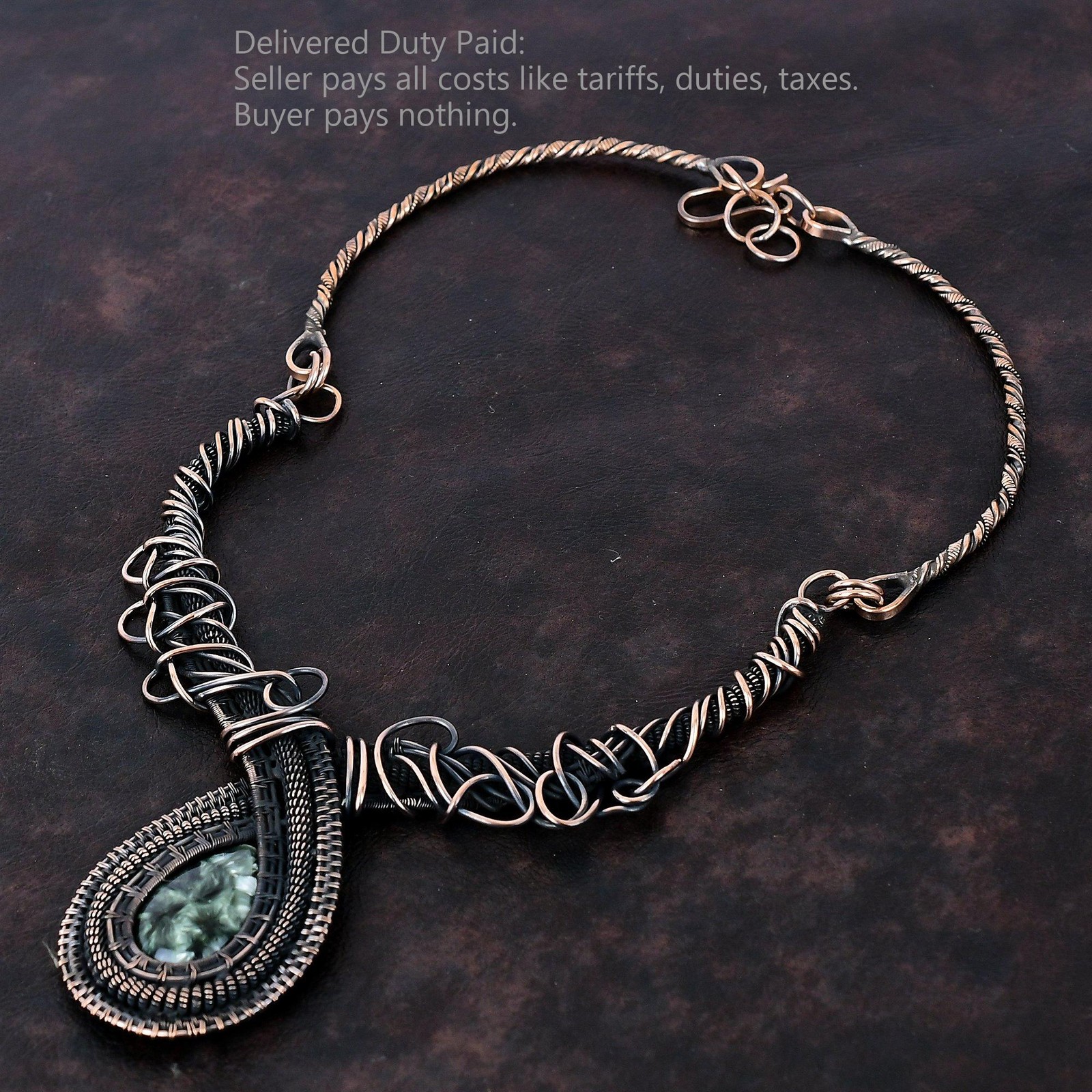 Natural Seraphinite Sister Handmade Wire Wrapped Artisan Chain Necklace Copper