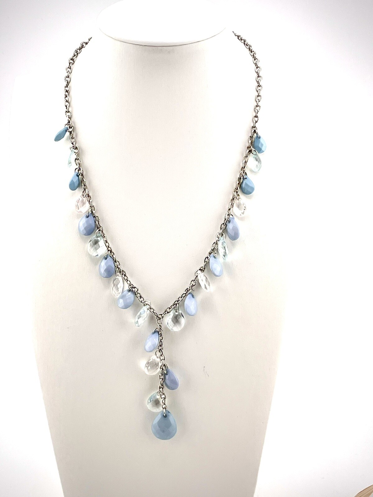 Sliver Tone Necklace With Blue and Crystal Beads ￼18 Inch. AB-2