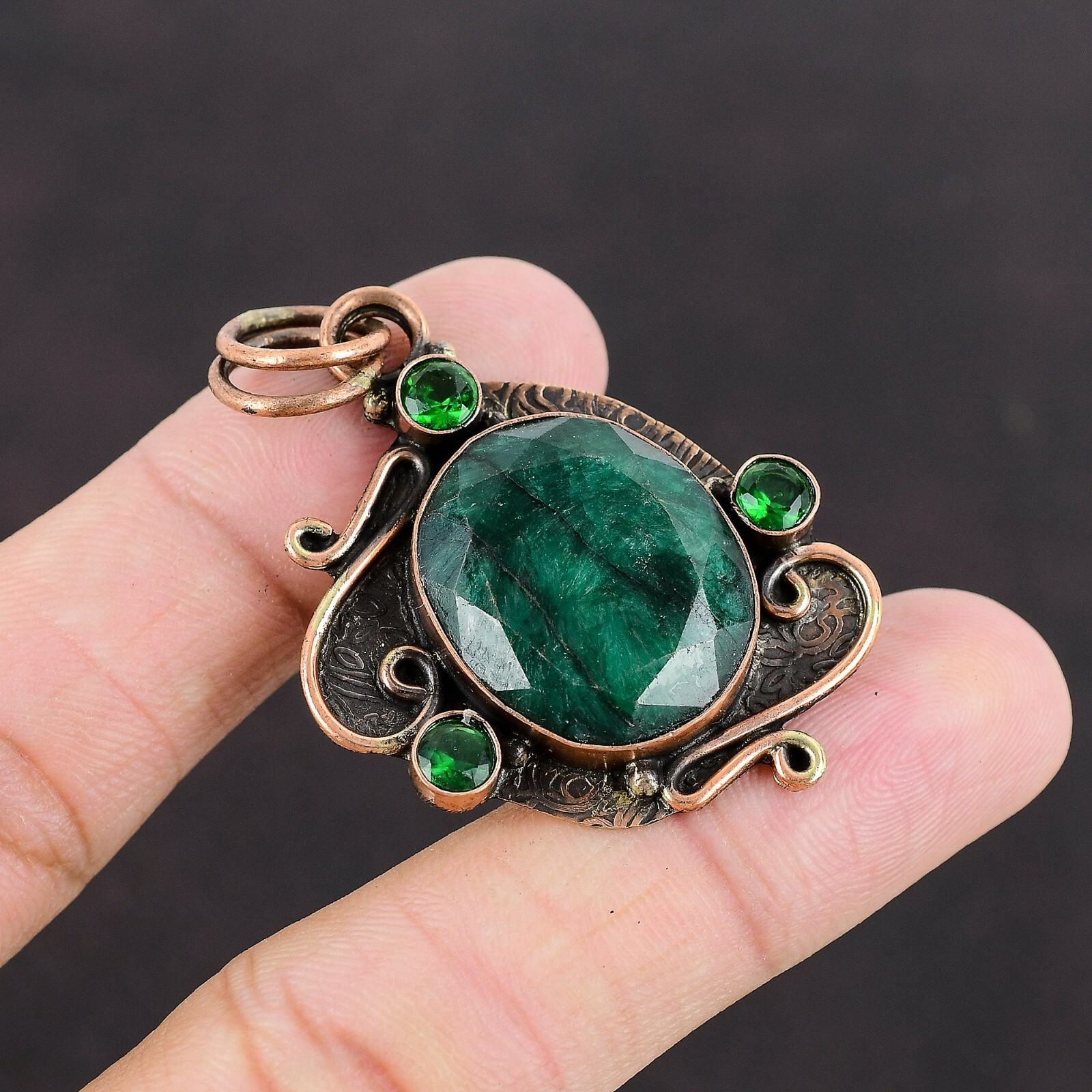 Valentines Sale Copper Oval Zambian Emrald Gemstone Chrome Diopside Boho Pendant