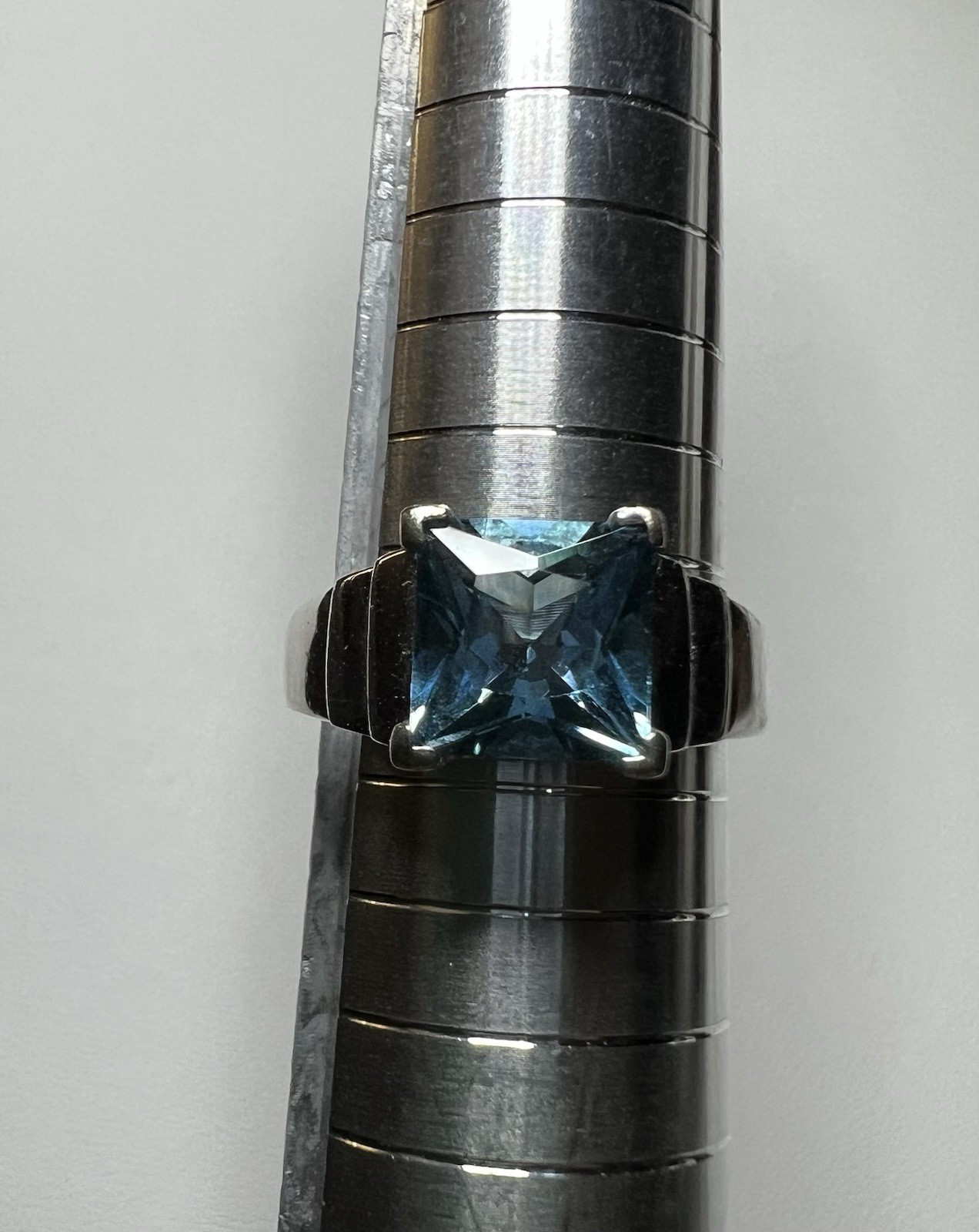 Vintage Sterling Silver 925 Signed Square Blue Topaz Prong Set Ring, Size 7.5