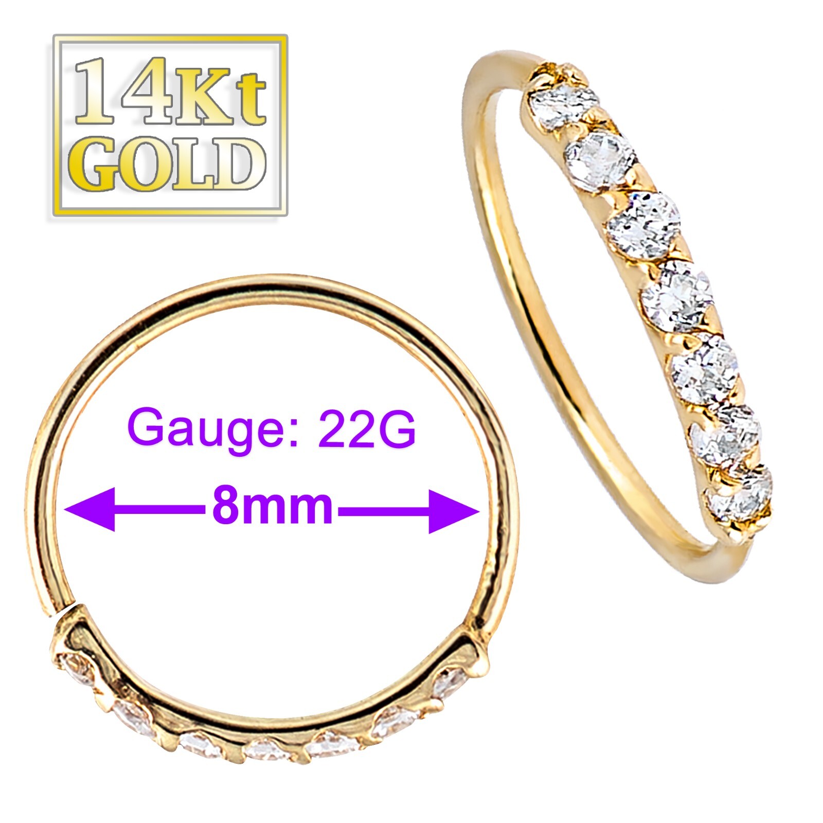 0.07ct Diamond Nose Hoop, Solid 14kt Yellow Gold Nose Ring, 22G
