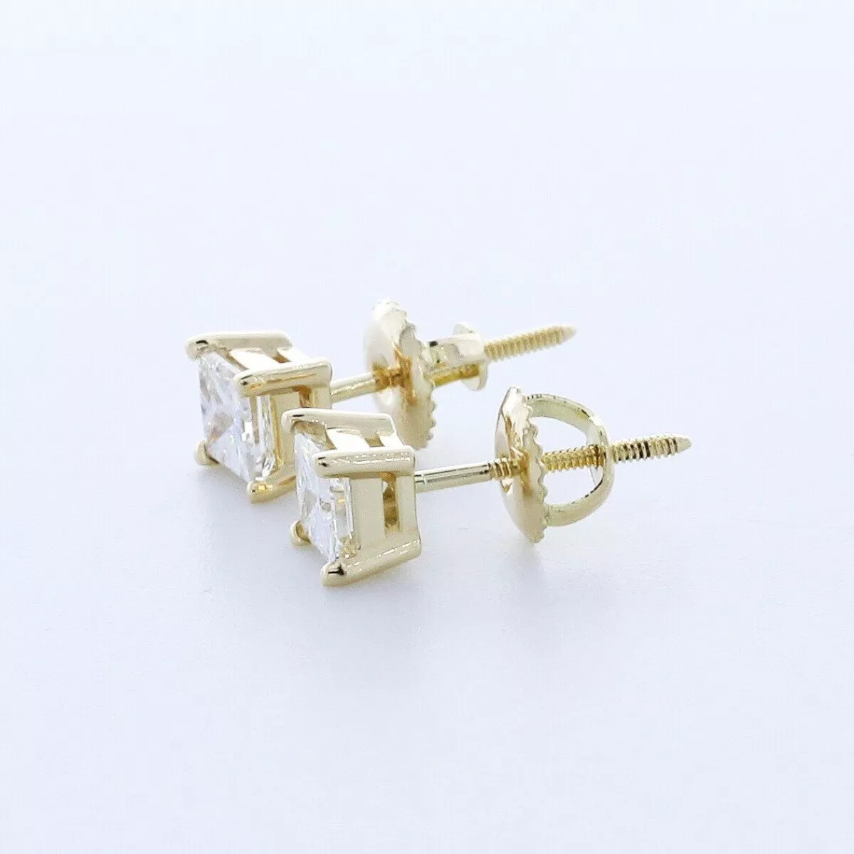 Solid 14K Gold Stud Earrings Classic 1.16 Carat Princess Natural Diamond G SI1