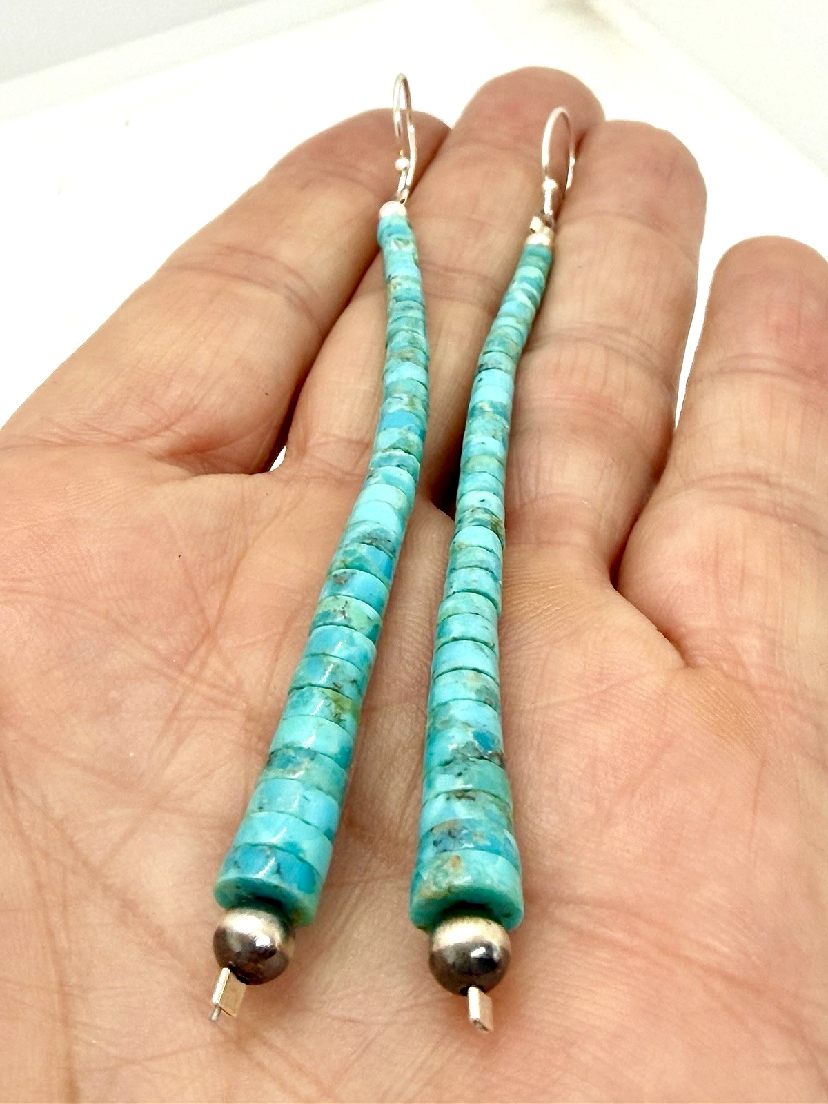 Navajo Graduated Heishi Dangle Blue Turquoise Sterling Silver Earrings 4” Native