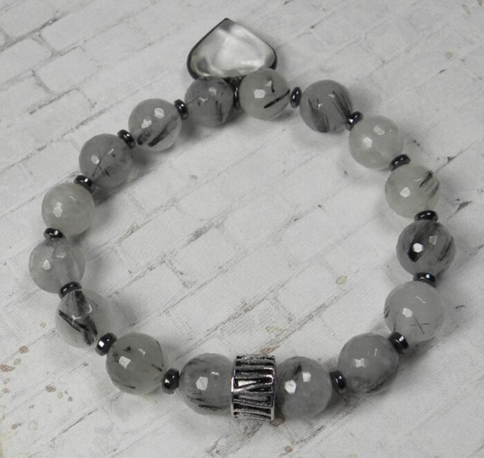 Rutilated Quartz Hematite Spacer Heart Charm Stretch Bracelet Handmade 7.5″ New