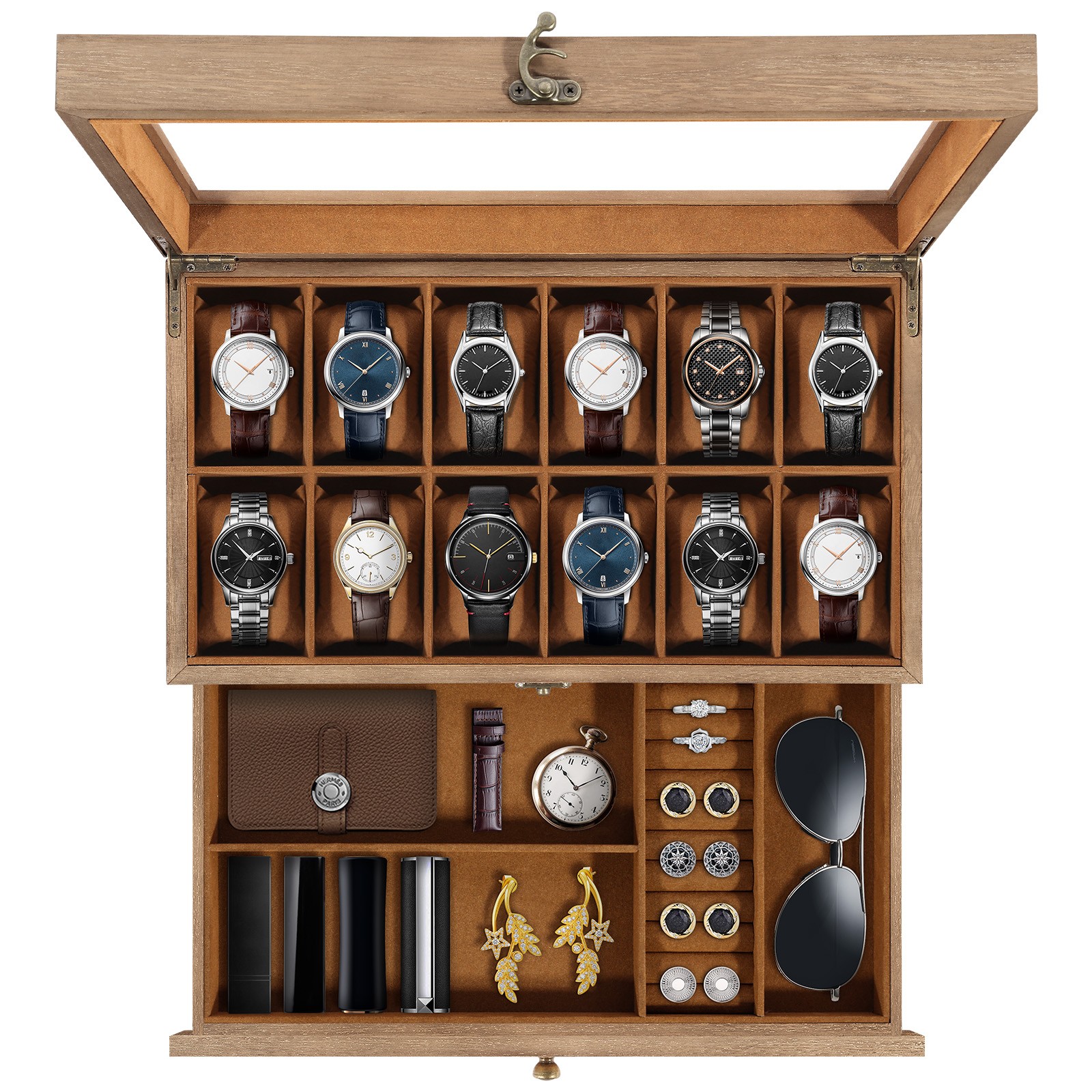 12 Slots Watch Box Solid Wood Storage Display Case Wrist Watch Case