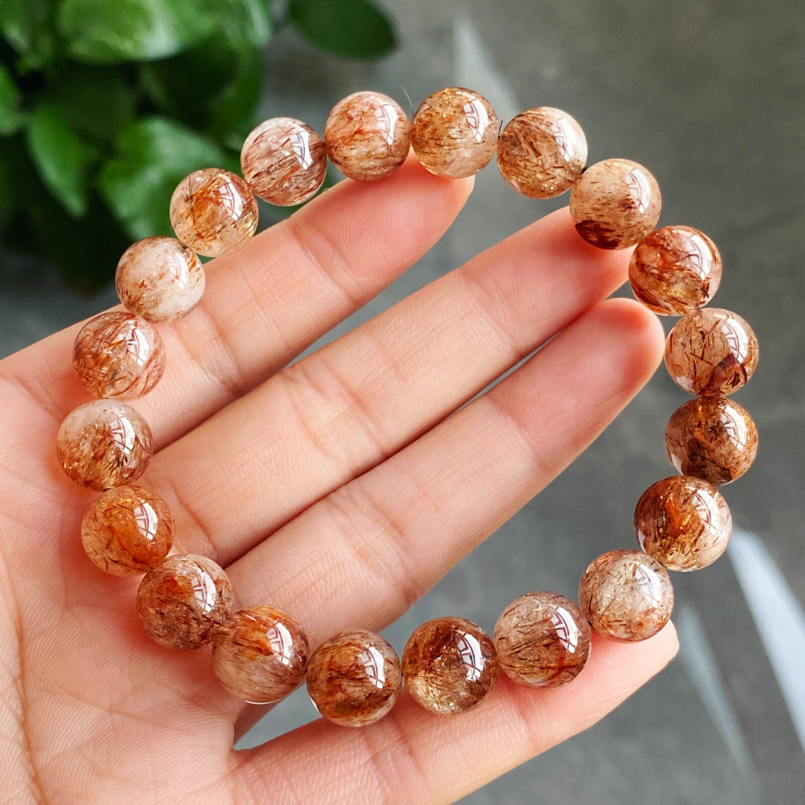 10.5mm Natural Red Copper Quartz Crystal Beads Bracelet 7.9 inch B850