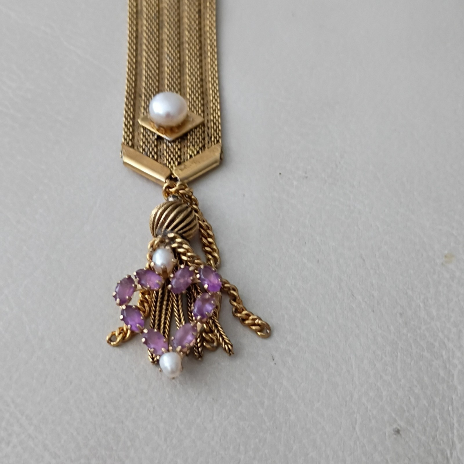 Gold Tone Mesh Cuff Bracelet Faux White Round Pearls Bead Cluster Dangle Charm