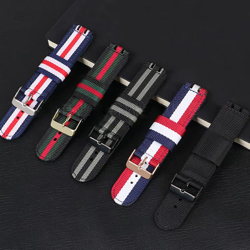 3-convex Ends 17mm 19 20mm Nylon Fabric Canvas Watchband for Swatch Stripe Strap