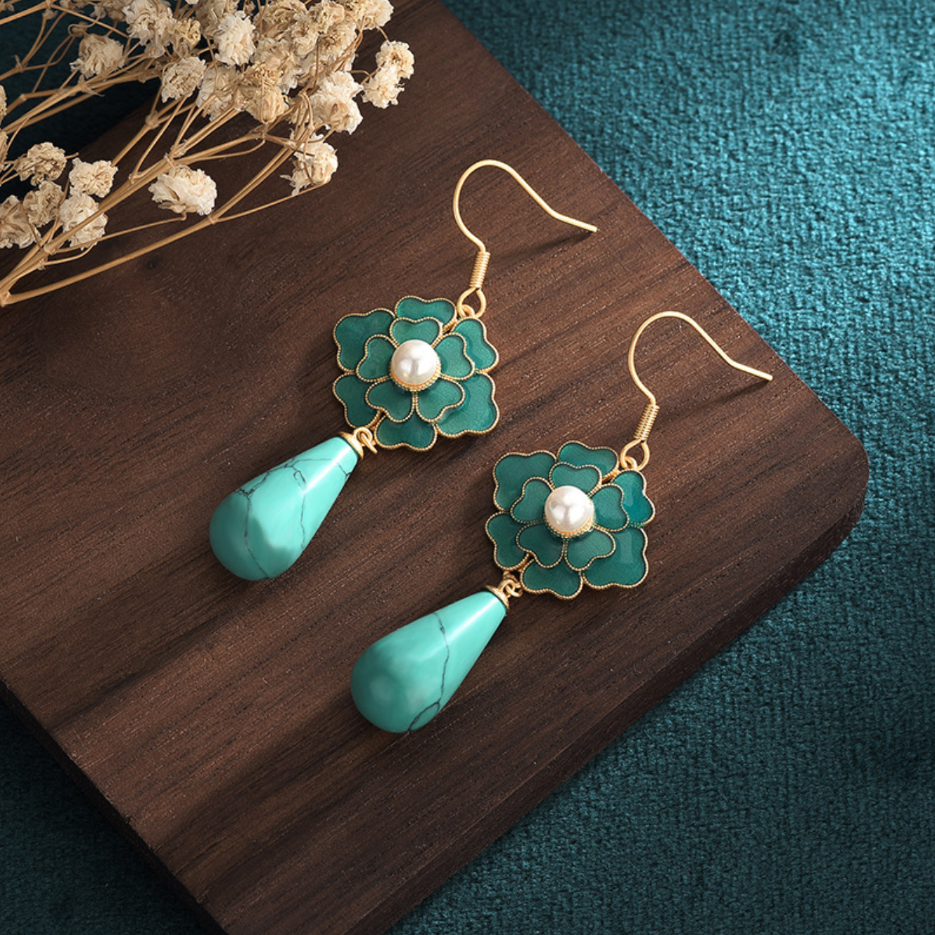 Turquoise Drop Dangle Earrings Cloisonne Boho Gemstone Flower 18K Gold Plated