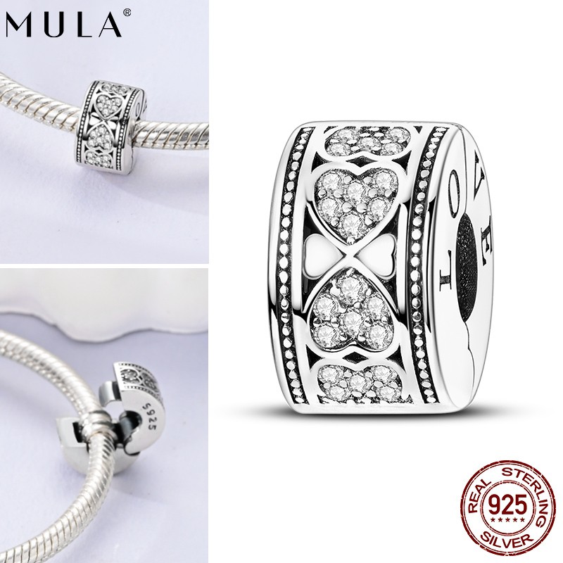 MULA 925 Sterling Silver DIY Charm CZ Retro Love Fixed Clip for Women Bracelet