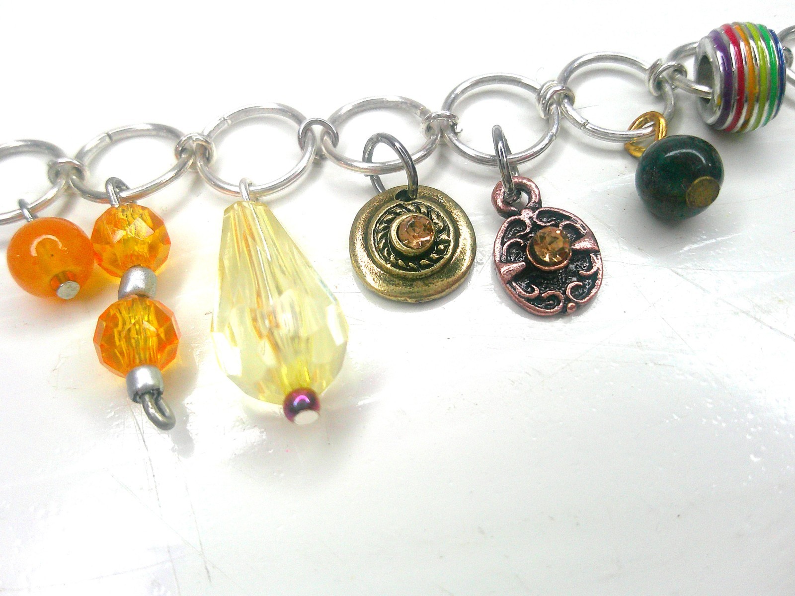 Charm Bracelet Unique Silver tone Upcycled Acrylic Beaded Colorful Petite 6.5 in