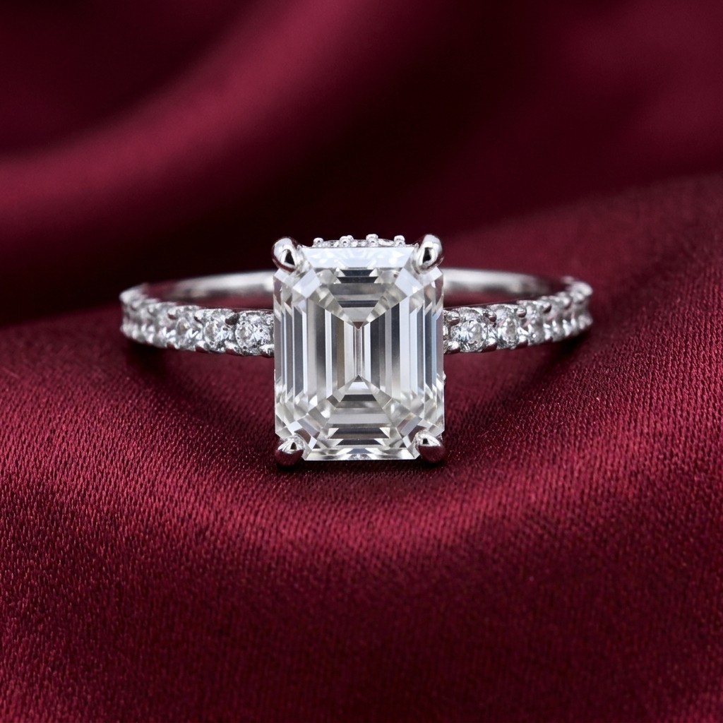 Off White Emerald Moissanite Ring Hidden Halo with Side Accents for Women