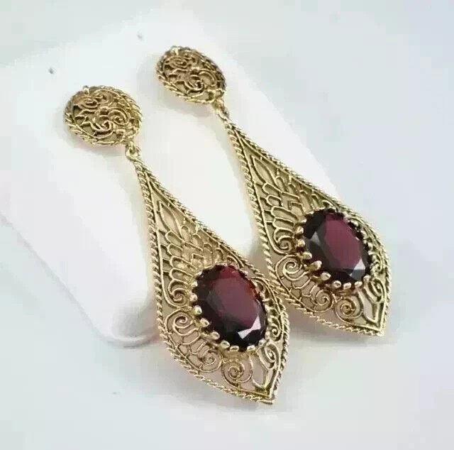 Red Garnet 3Ct Oval Cut Lab Created Drop Dangle Earrings 14K Yellow Gold Plated