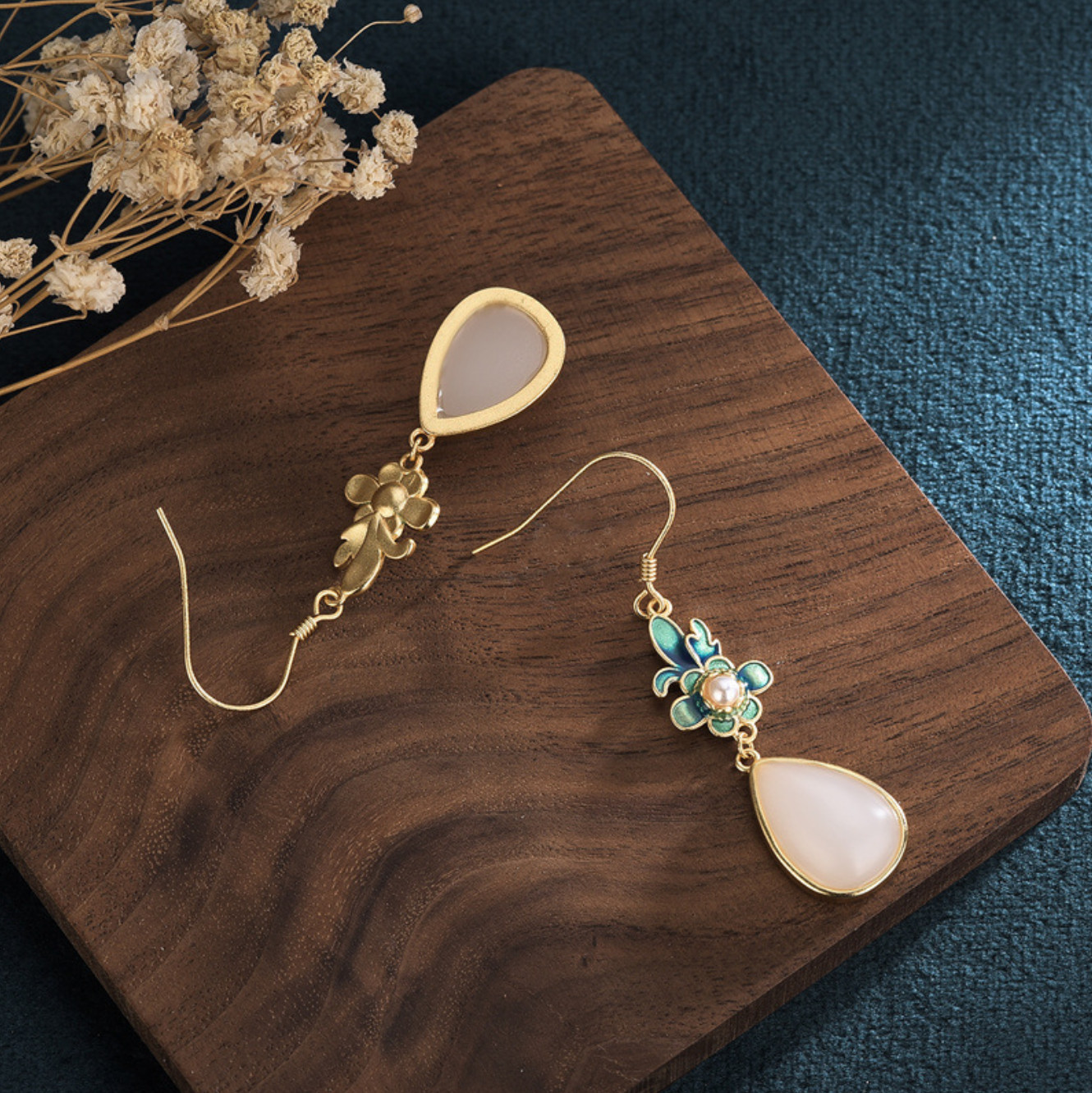 Jade Drop Dangle Earrings Flowers Cloisonne Bohemian Ear Hook 18K Gold Plated