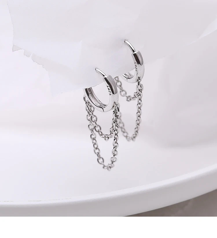 925 Sterling Silver Double Chain Huggie Hoop Earrings Dangle Drop Women Gift