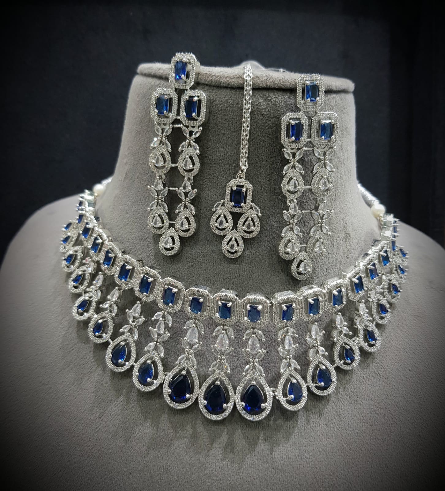 Indian Bollywood Silver Plated Ethnic AD CZ Jewelry Earrings Necklace Bridal Set