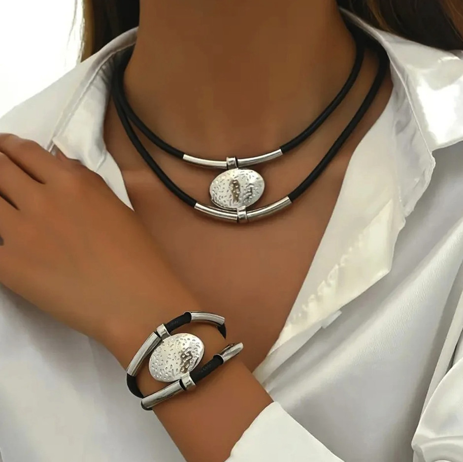 2pcs Vintage Oval Necklace Bracelet Set Gold Silver Faux Leather Chain – NEW