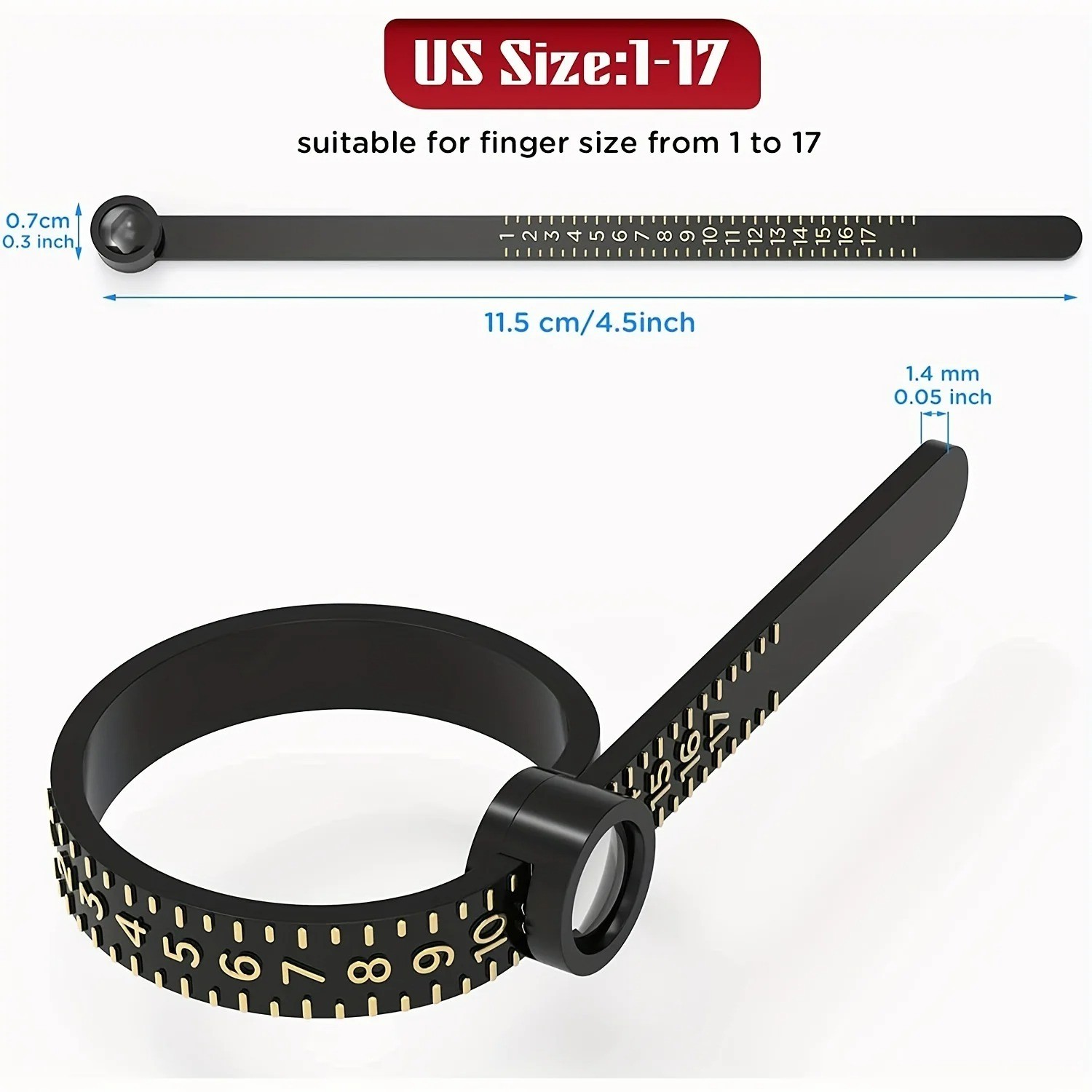 Ring Sizer with Magnifier – US/UK/EU/HK Jewelry Measuring Ruler for Finger